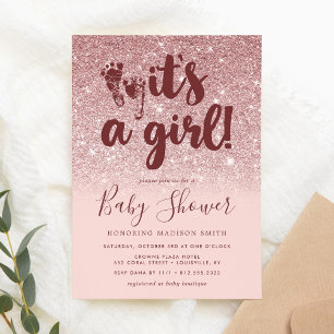 Rose Gold Glitter Röda Rosa Nyans Det Är En Flicka Inbjudningar