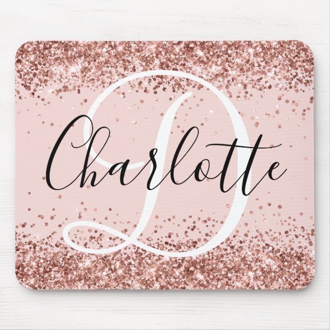 Rose Gold Glitter Rodnad Svart och Vit Monogram Musmatta (Framsidan)