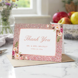 Rose Gold Glitter Rosa Blommig Tack Kort