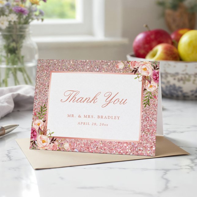 Rose Gold Glitter Rosa Blommig Tack Kort (Skapare uppladdad)
