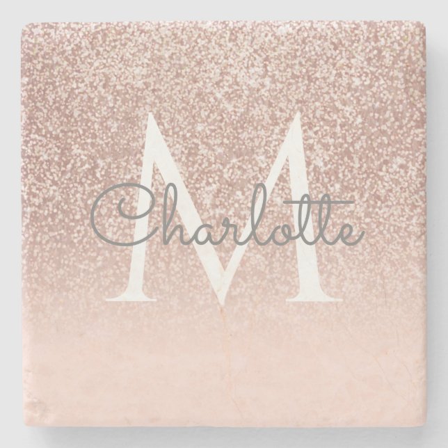 Rose Gold Glitter Rosa Monogram Stenunderlägg (Framsidan)