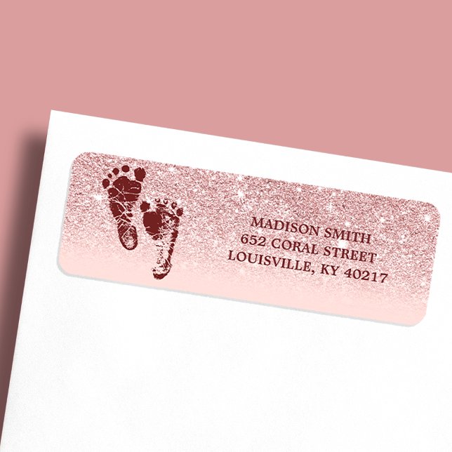 Rose Gold Glitter Rosa Ombre Bebis Fötter Returadress Etikett (Skapare uppladdad)