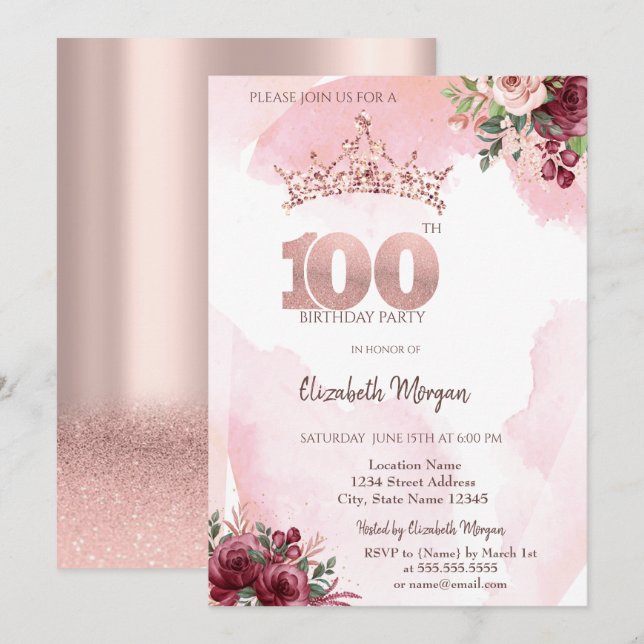  Rose Gold Glitter Roses Crown 100th Birthday  Inbjudningar (Fram/baksida)