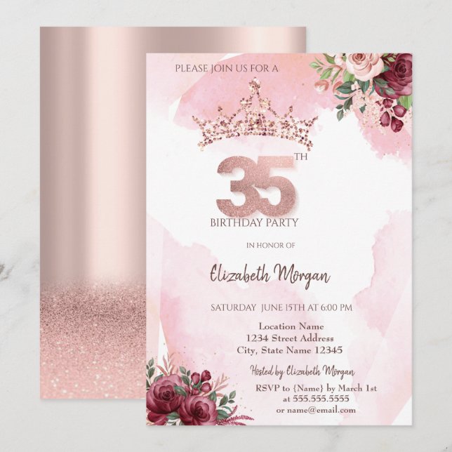  Rose Gold Glitter Roses Crown 35th Birthday  Inbjudningar (Fram/baksida)