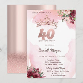  Rose Gold Glitter Roses Crown 40th Birthday  Inbjudningar