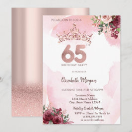  Rose Gold Glitter Roses Crown 65th Birthday Party Inbjudningar