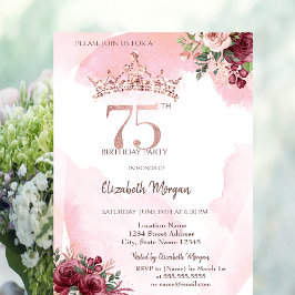  Rose Gold Glitter Roses Crown 75th Birthday  Inbjudningar