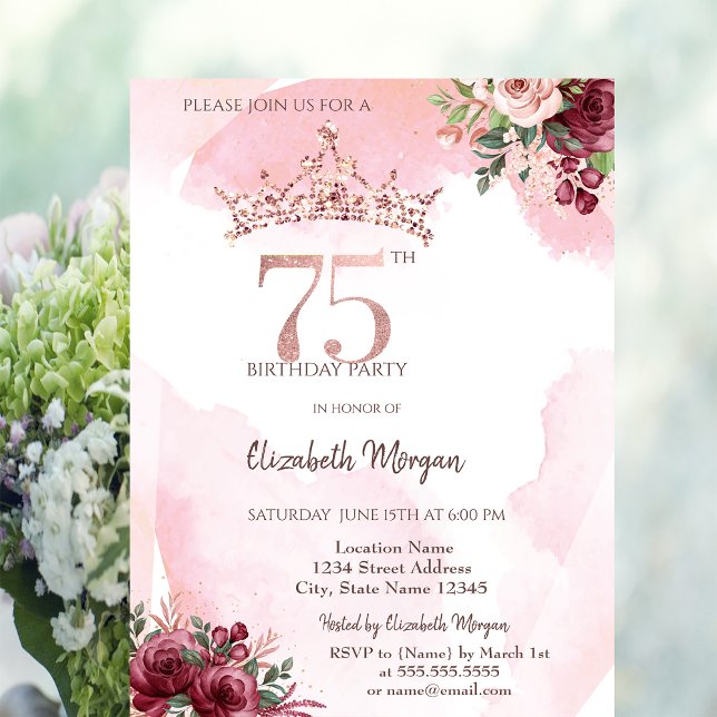  Rose Gold Glitter Roses Crown 75th Birthday  Inbjudningar (Skapare uppladdad)