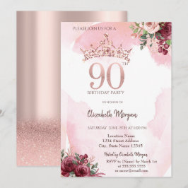  Rose Gold Glitter Roses Crown 90th Birthday Party Inbjudningar