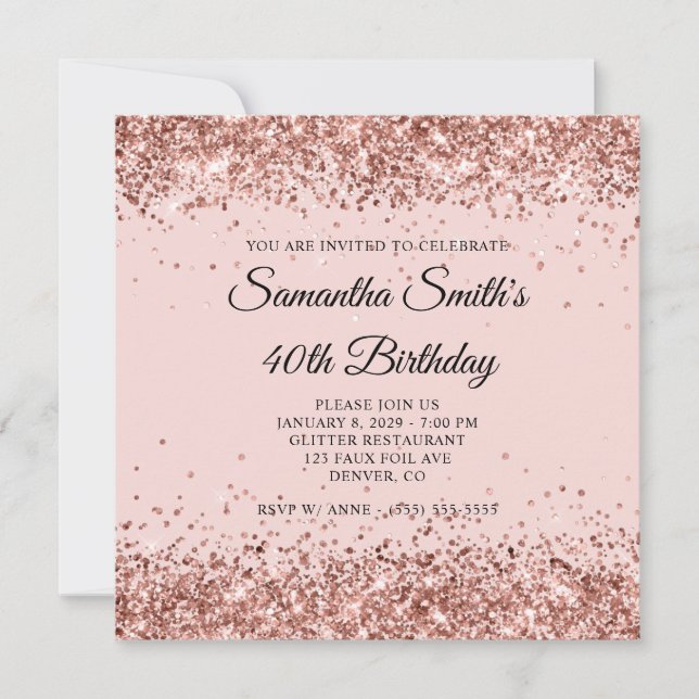 Rose Gold Glitter Rouge 40-årsdag Inbjudningar (Framsida)