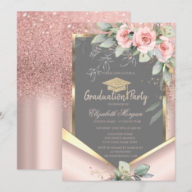 Rose Gold Glitter Rouge Roser Examen Inbjudningar (Fram/baksida)