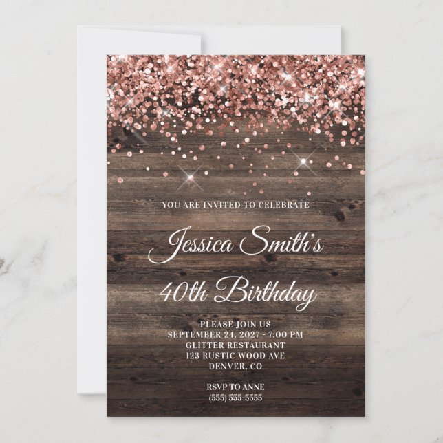 Rose Gold Glitter Rustik Trä 40-årsfirande Inbjudningar (Framsida)