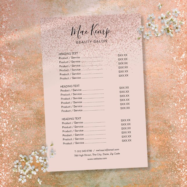Rose Gold Glitter Salongtjänstmeny Flygblad (Rose Gold Glitter Salon Service Menu Flyer)