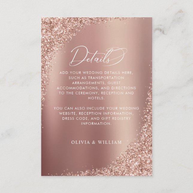 Rose Gold Glitter Script Bröllopsdetaljer Tilläggskort (Framsida)