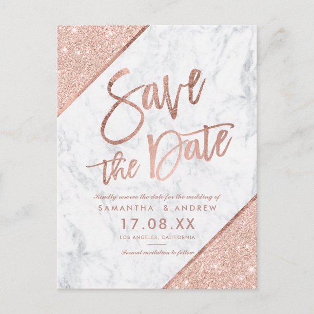 Rose gold glitter script marmor save the date meddelande vykort (Framsida)