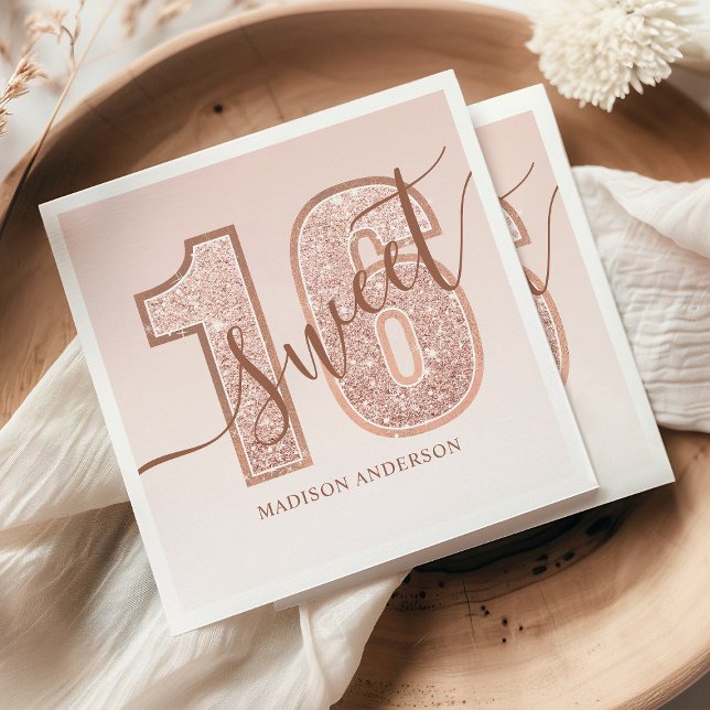 Rose Gold Glitter Script Sweet 16 Födelsedag Pappersservett (Skapare uppladdad)