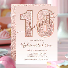 Rose Gold Glitter Script Sweet 16 Födelsedagsfest Inbjudningar
