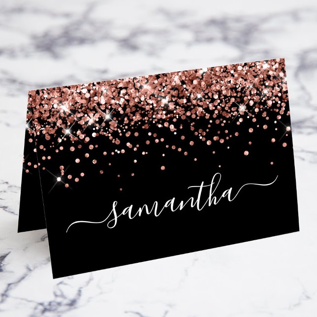 Rose Gold Glitter Signature Name Black Place Cards Bordsnummer (Rose Gold Glitter Girly Signature Swash Name Black Place Cards)