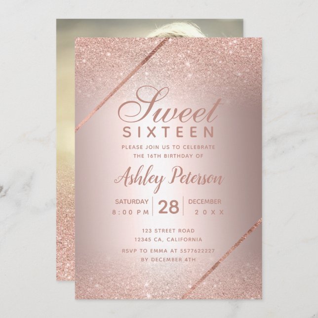 Rose gold glitter skript foto metallisk Sweet 16 Inbjudningar (Fram/baksida)