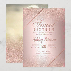 Rose gold glitter skript foto metallisk Sweet 16 Inbjudningar