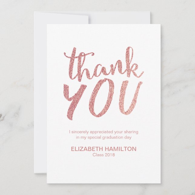 Rose Gold Glitter Snygg Script Avslutning Tack Kort (Framsida)