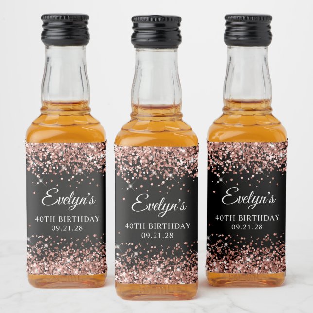 Rose Gold Glitter Svart 40-årsfirande Spritflaskor Etikett (Flaskor)