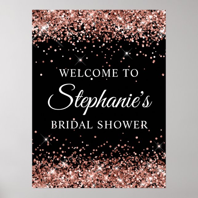 Rose Gold Glitter Svart Bröllopsdusch Välkommen Poster (Framsidan)
