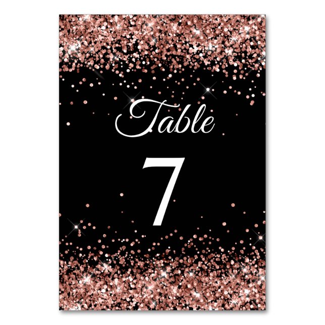 Rose Gold Glitter Svart Elegant Kalligrafi Bordsnummer (Framsidan)