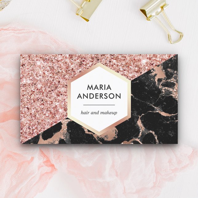 Rose Gold Glitter Svart Marmor Makeup Artist Visitkort (Skapare uppladdad)