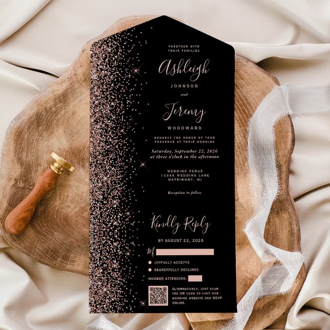 Rose Gold Glitter Svart QR-kod Bröllop (Skapare uppladdad)