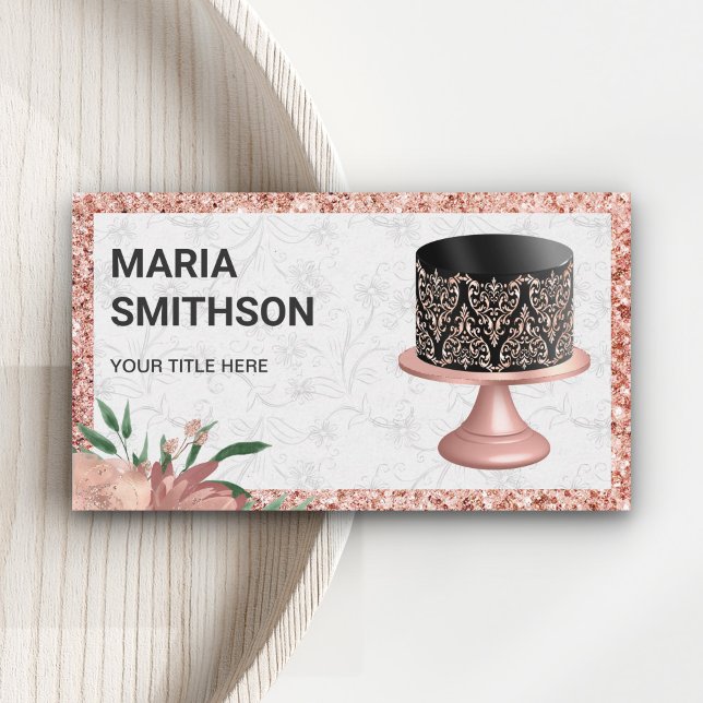 Rose Gold Glitter Svart Rosa Damask Tårta Bageri Visitkort (Skapare uppladdad)