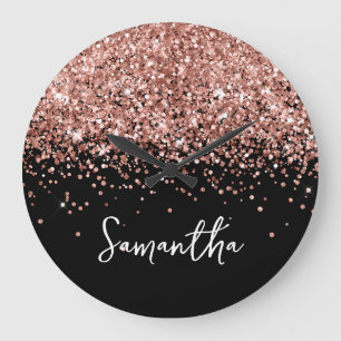 Rose Gold Glitter Svart Skriptnamn Stor Klocka