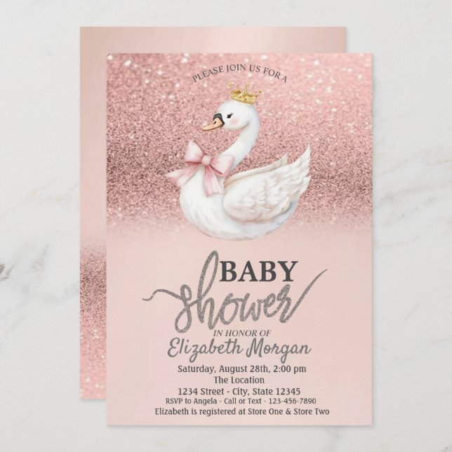 Rose Gold Glitter,Swan Bow Crown Baby Shower  Inbjudningar (Fram/baksida)