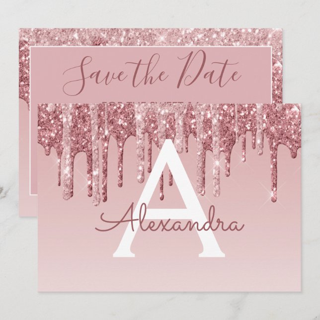 Rose Gold Glitter Sweet 16 Spara datum Inbjudningar (Fram/baksida)