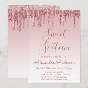 Rose Gold Glitter Sweet Sixteen Födelsedag Inbjudningar