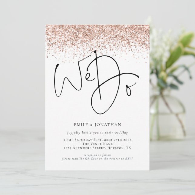 Rose Gold Glitter Vi Gör QR Bröllop Inbjudningar (Stående Fram)