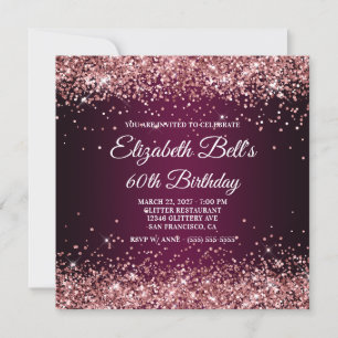 Rose Gold Glitter Vin Mörk Ombre 60-årsdag Inbjudningar