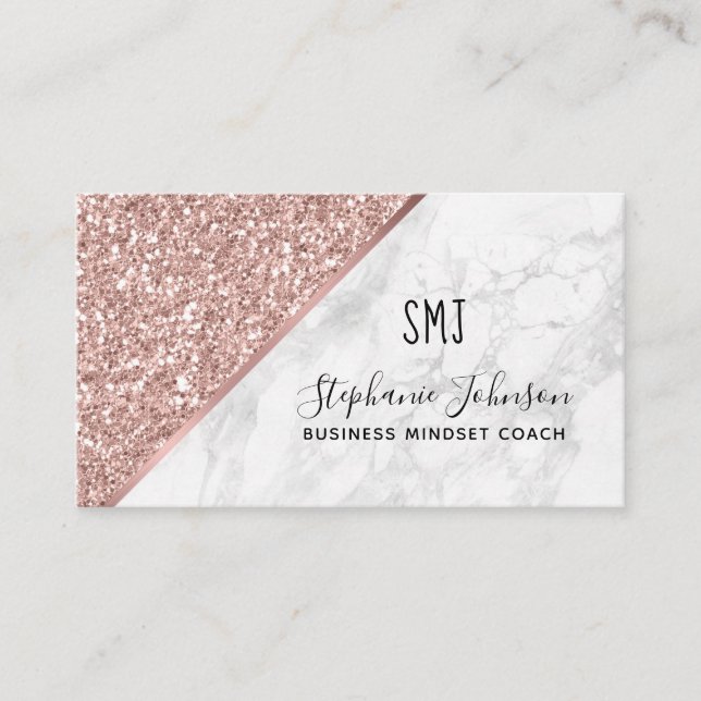 Rose Gold Glitter Vit Marmor Monogram Logotyp Visitkort (Framsida)