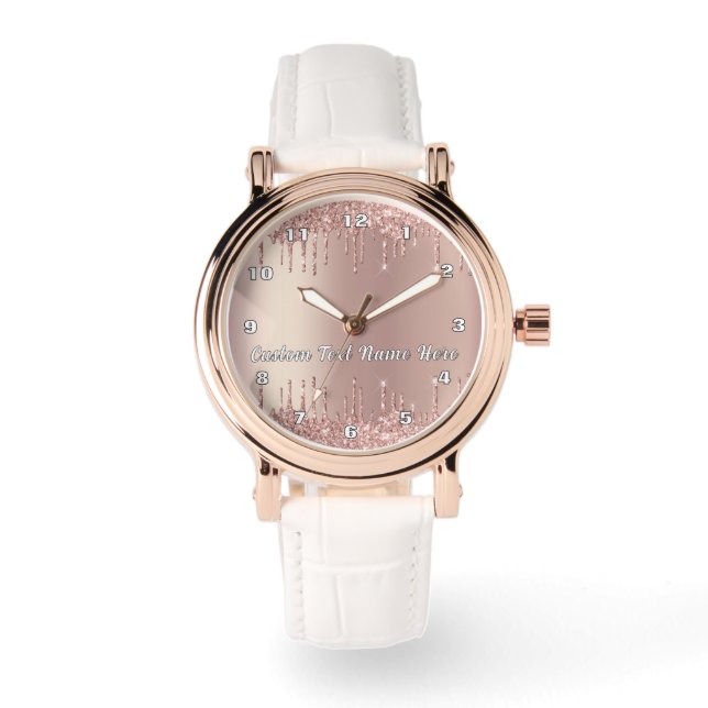 Rose Gold Glitter Watch with Custom Text Armbandsur (Framsida)