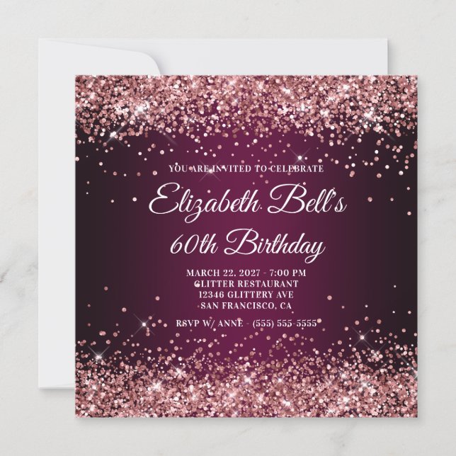 Rose Gold Glitter Wine Dark Ombre 60th Birthday Inbjudningar (Framsida)
