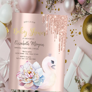 Rose Gold Glitterdroppar Baby Svan Bebis Shower Inbjudningar