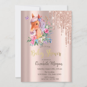 Rose Gold Glitterdroppar Blommig Ponny Baby Shower Inbjudningar