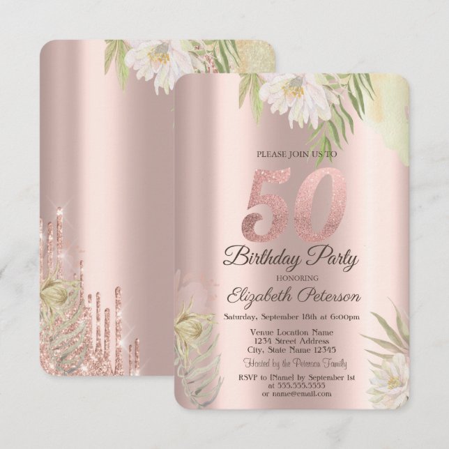 Rose Gold Glitterdroppar Boho Blommor 50-årsdag Inbjudningar (Fram/baksida)