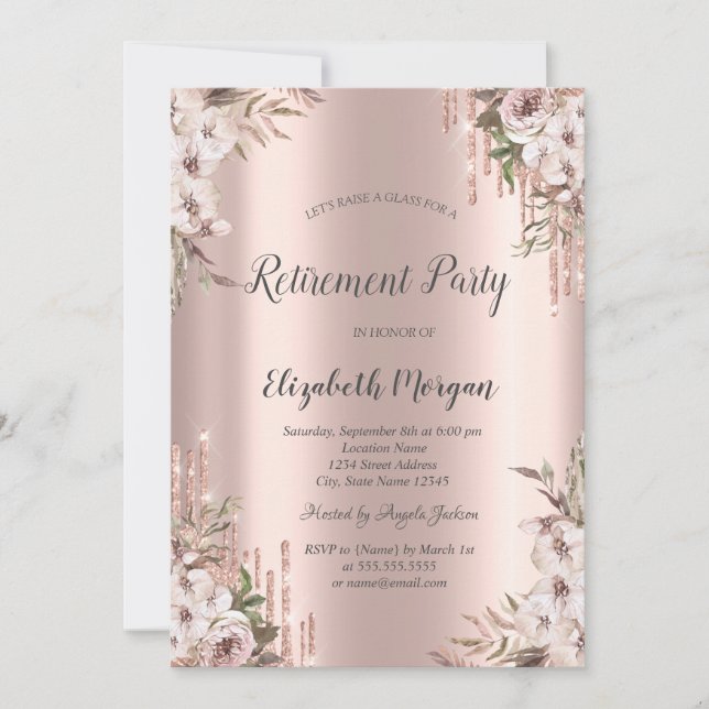 Rose Gold Glitterdroppar Chic Blommor Pensionering Inbjudningar (Framsida)