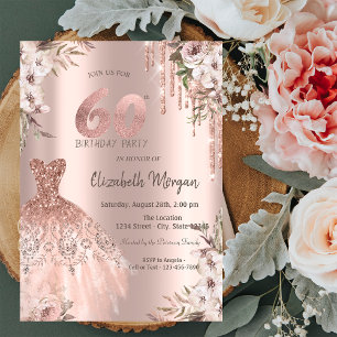 Rose Gold Glitterdroppar Klänning Blommig 60-års F Inbjudningar