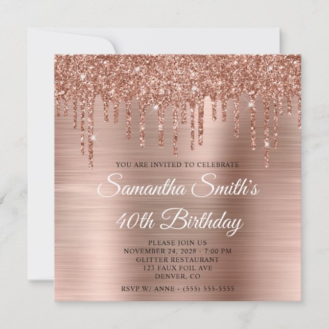 Rose Gold Glitterdroppar och folie 40-årsfirande Inbjudningar (Framsida)