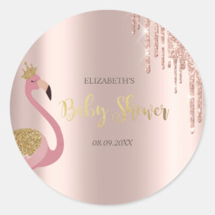 Rose Gold Glitterdroppar Rosa Flamingo Baby Shower Runt Klistermärke