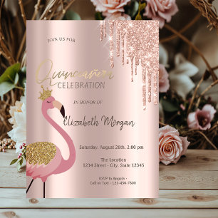 Rose Gold Glitterdroppar Rosa Flamingo Quinceañera Inbjudningar
