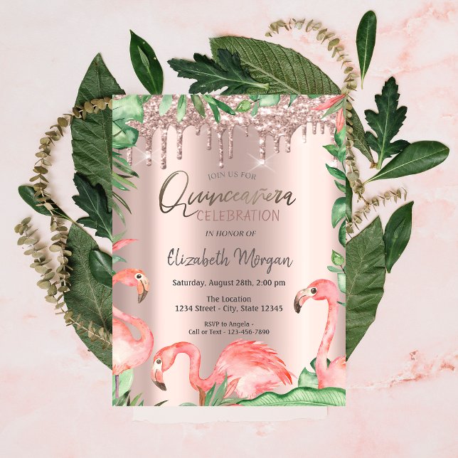 Rose Gold Glitterdroppar Rosa Flamingos Quinceañer Inbjudningar (Skapare uppladdad)