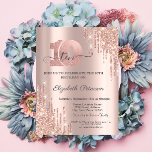 Rose Gold Glitterdroppar Rosa Guld 10-årsdag Inbjudningar